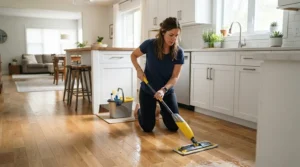 Using a sponge mop for vinyl flooring to clean up a kitchen spill in a bright suburban home.