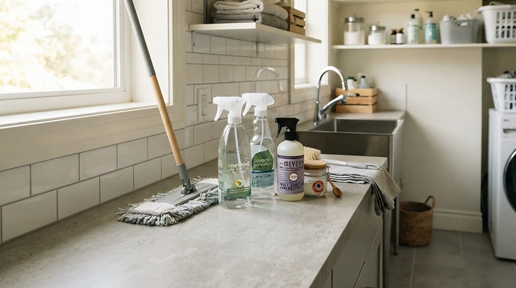 Comparing laminate cleaning products while holding a sponge mop for vinyl flooring nearby.
