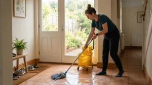 A non-scratch sponge mop for vinyl flooring removing mud from an entryway floor.