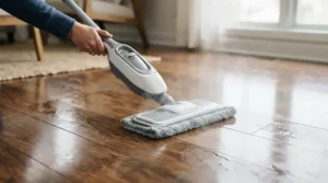 Demonstrating how a sponge mop for vinyl flooring provides safe cleaning in a living room.