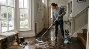 Cleaning tracked-in winter salt with a durable sponge mop for vinyl flooring.