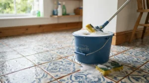 Testing mop absorbency during a traditional mop comparison for tile floors in a typical Canadian kitchen.