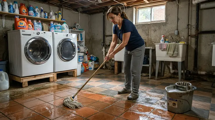 Cleaning a laundry room floor as part of a sponge mop vs string mop for tile floors evaluation.