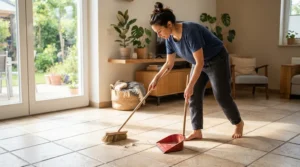 Polishing a mop for ceramic tile in a bright home setting using a sponge mop vs string mop for tile floors setup.
