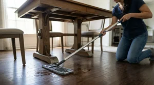Wiping up after a family meal to show everyday use in a sponge mop vs string mop for tile floors guide.