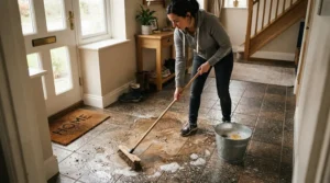 Washing away winter mud in a home entryway to illustrate sponge mop vs string mop for tile floors performance.