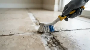 Close-up of grout cleaning showing why sponge mop vs string mop for tile floors matters for deep tile maintenance.