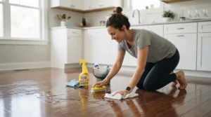 A person cleaning a kitchen spill while demonstrating sponge mop vs string mop for tile floors in a Canadian home.