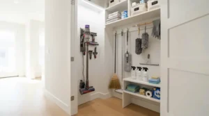 A utility closet demonstrating spray mop vs traditional mop for daily cleaning storage space efficiency.