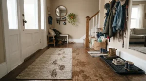 A hallway scene showing spray mop vs traditional mop for daily cleaning of muddy boot tracks.