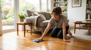 A living room scene illustrating spray mop vs traditional mop for daily cleaning routine maintenance.
