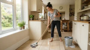 A person using a string mop under $25 CAD to clean a tiled apartment kitchen floor in Toronto.