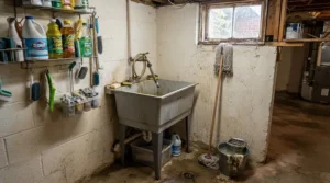 A practical string mop under $25 CAD stored neatly in a basement laundry utility room.
