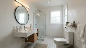 Scrubbing bathroom floor tiles sparkling clean with a reliable string mop under $25 CAD.