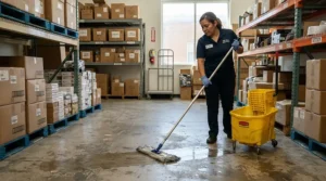 A small retail shop backroom floor being cleaned with a string mop under $25 CAD.