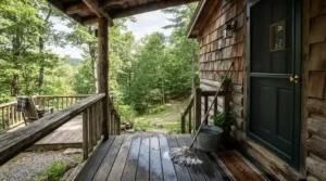 Sweeping up pine needles and washing a wooden cabin porch with a string mop under $25 CAD.