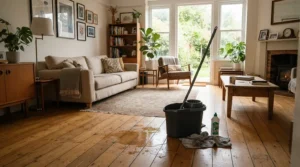 Cleaning a suburban living room hardwood floor with a sturdy string mop under $25 CAD.