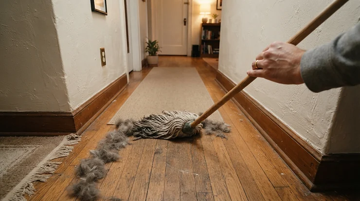A compact traditional mop for pet hair working efficiently in an apartment hallway.
