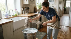 Doing a weekend deep clean with a traditional mop for pet hair on laminate flooring.