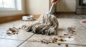 Using a traditional mop for pet hair on kitchen tiles after morning feeding time.