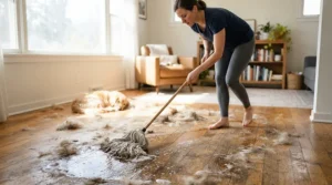 A traditional mop for pet hair cleaning up loose fur on a hardwood living room floor during mud season.
