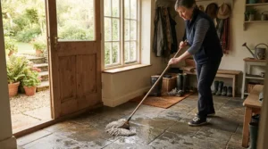 Cleaning paw prints and shed fur with a traditional mop for pet hair in the mudroom.