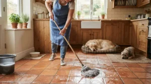 Managing daily pet messes in a multi-pet household using a reliable traditional mop for pet hair.