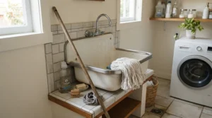 A traditional mop for pet hair featuring a freshly cleaned and reusable head hanging in a utility room.