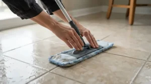 Demonstrating the proper wet mopping technique on kitchen tile using microfibre wet mops.